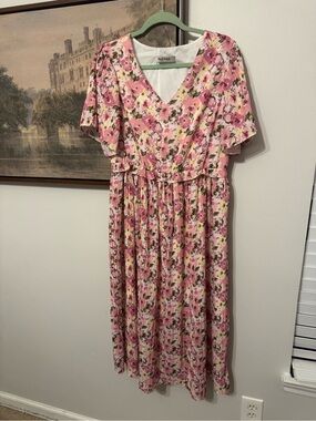 Grace Karin Pink Floral Midi Dress with V-Neck
